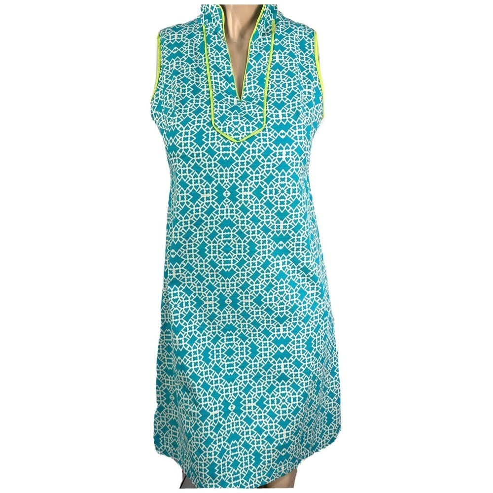 Eliza J Teal White Geometric Shift Dress Lime‎ Trim Womens 8 Cotton Summer Event